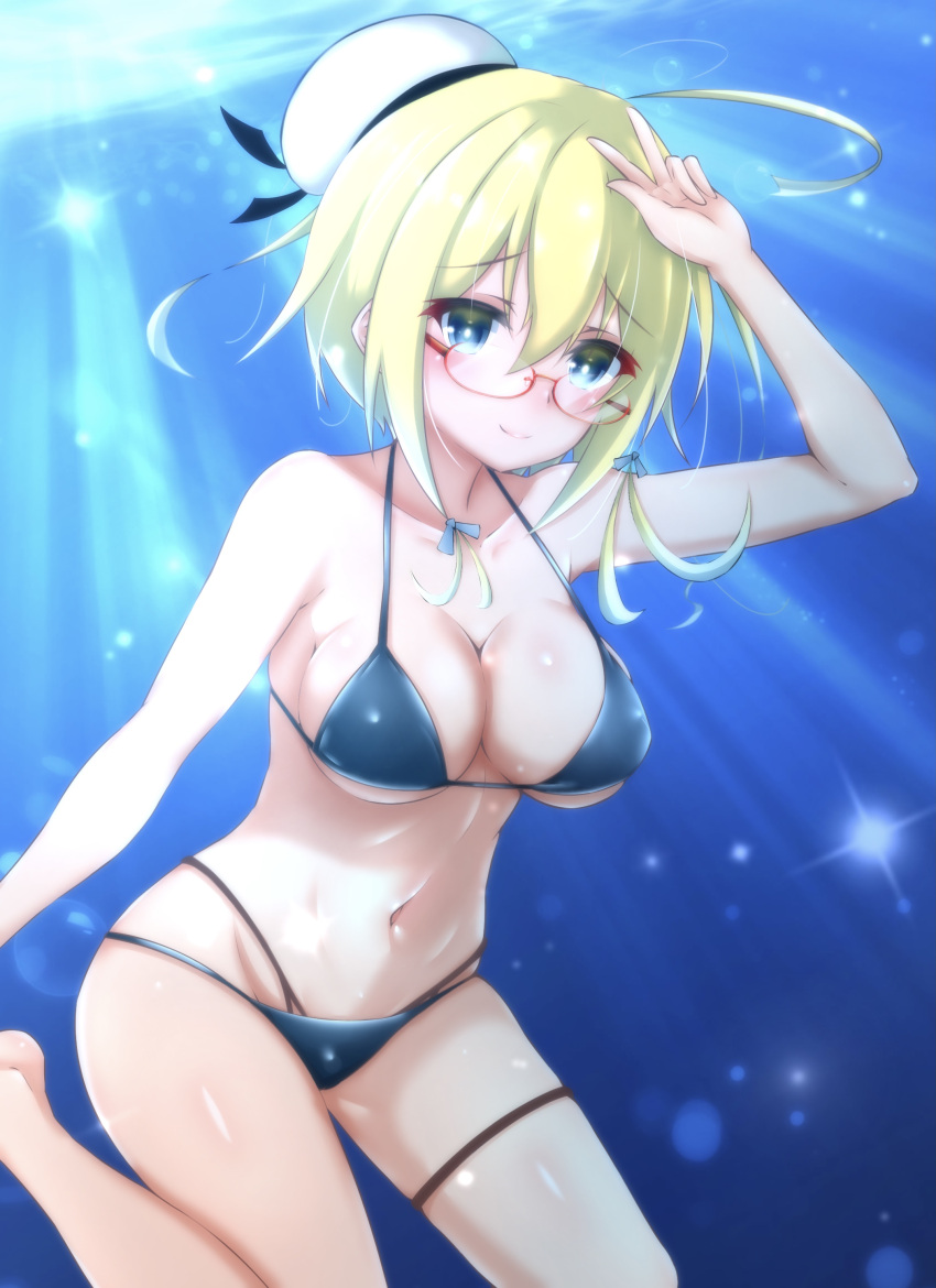 1girl absurdres bikini blonde_hair blue_bikini blue_eyes breasts commentary_request glasses hat highres honma_(honmatomohiro) i-8_(kantai_collection) kantai_collection large_breasts long_hair low_twintails navel peaked_cap red-framed_eyewear semi-rimless_eyewear solo swimsuit twintails under-rim_eyewear underwater white_headwear