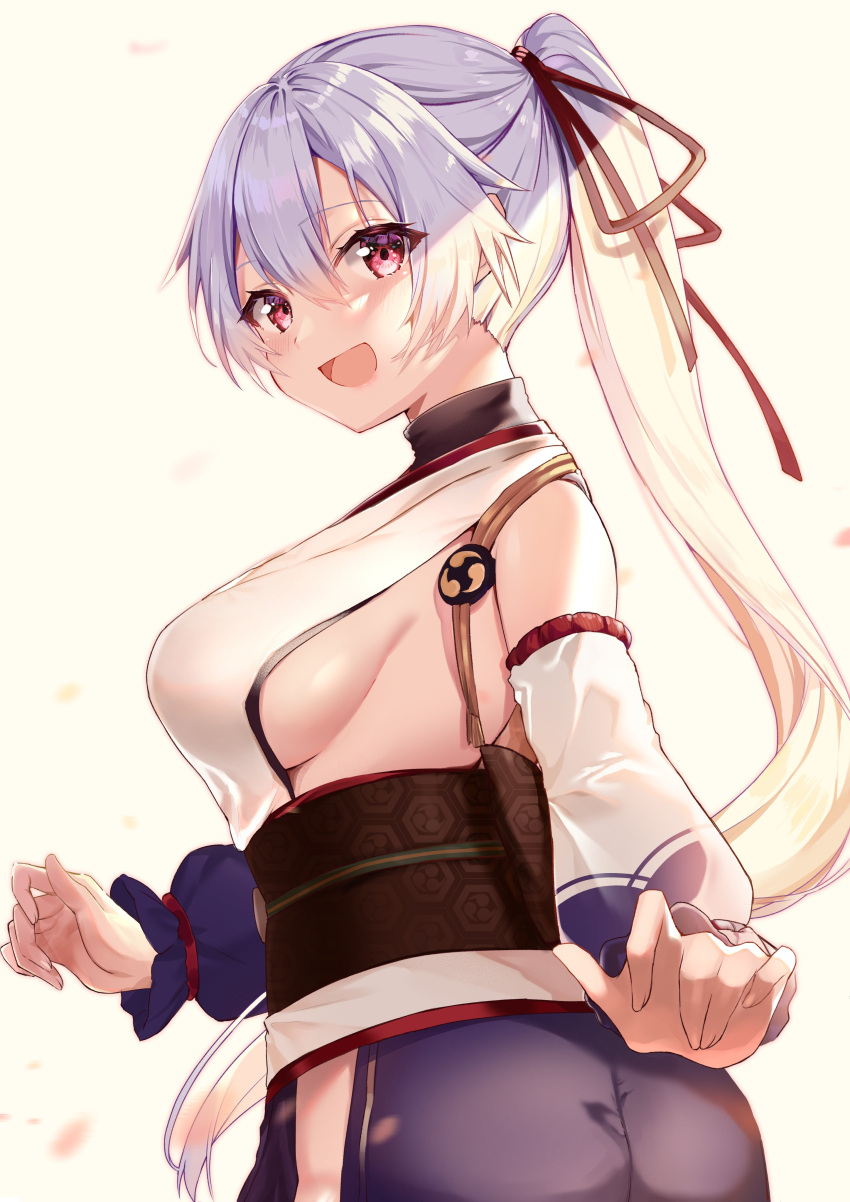 1girl absurdres bare_shoulders blush breasts detached_sleeves fate/grand_order fate_(series) felnemo hair_ribbon highres japanese_clothes kimono long_hair looking_at_viewer obi open_mouth ponytail red_eyes red_ribbon ribbon sash short_kimono sideboob silver_hair smile solo tomoe_gozen_(fate/grand_order) very_long_hair white_kimono