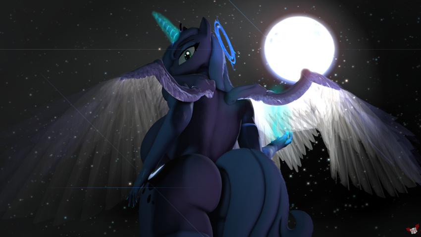 16:9 3d_(artwork) 4k absurd_res anthro anthrofied big_breasts big_butt breasts butt digital_media_(artwork) equid friendship_is_magic halo hasbro hi_res horn huge_breasts looking_back mammal moon my_little_pony naughty_cube nude princess_luna_(mlp) star widescreen winged_unicorn wings