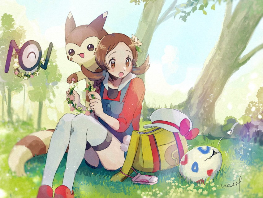 1girl :o bag blush brown_eyes brown_hair day eyelashes flower furret gen_2_pokemon grass hair_flower hair_ornament hanenbo hat hat_removed hat_ribbon headwear_removed highres holding lyra_(pokemon) open_mouth outdoors overalls pokemon pokemon_(creature) pokemon_(game) pokemon_hgss red_footwear ribbon shoes signature sitting symbol_commentary thighhighs togepi_egg tree twintails unown unown_n white_headwear yellow_bag