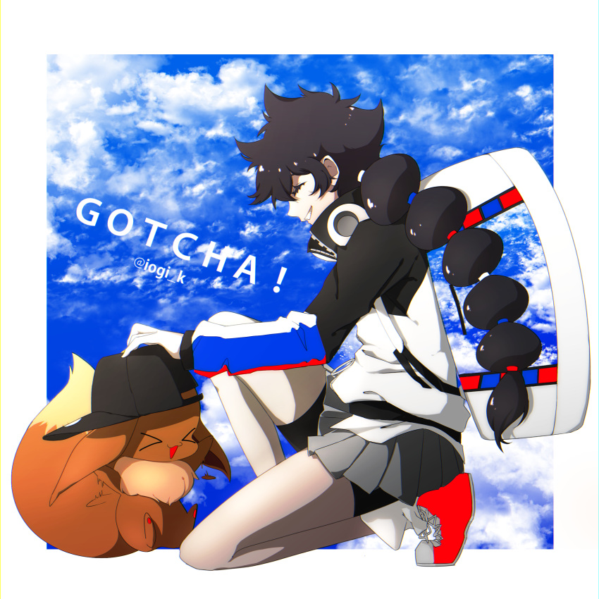 &gt;_&lt; 1girl :3 absurdres afterimage arms_up artist_name bag bangs baseball_cap bike_shorts black_hair black_headwear blue_background blue_sky border chromatic_aberration closed_eyes clothed_pokemon cloud cloud_print commentary_request copyright_name cross-laced_footwear day duffel_bag english_text from_side full_body gotcha! gotcha!_girl_(pokemon) grey_skirt grin hair_tie happy hat high_collar highres iogi_(iogi_k) jacket long_hair long_sleeves miniskirt motion_lines multi-tied_hair multicolored multicolored_clothes multicolored_jacket one_knee open_mouth outdoors outside_border pawpads pleated_skirt pokemon pokemon_(creature) profile red_footwear shiny shiny_hair shirt shoes sidelocks sitting skirt sky smile socks teeth tied_hair watermark white_border white_legwear white_shirt zipper