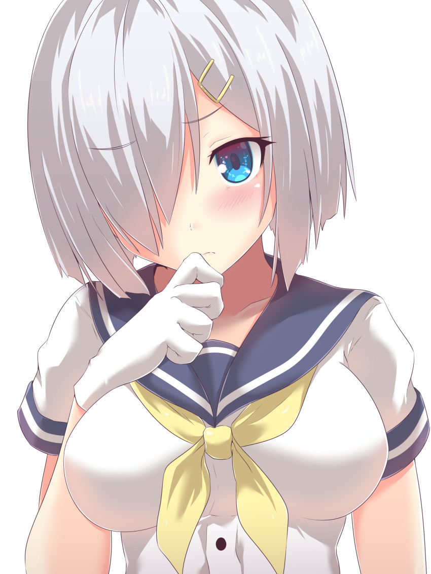 1girl absurdres arm_at_side blue_eyes blue_sailor_collar blush breasts buttons closed_mouth eyebrows_visible_through_hair face gloves hair_ornament hair_over_one_eye hairclip hamakaze_(kantai_collection) hand_up heart highres illusion kantai_collection koumei_(twinameless) large_breasts long_hair looking_at_viewer neckerchief one_eye_covered sailor_collar school_uniform serafuku shirt short_hair short_sleeves silver_hair simple_background solo upper_body wavy_mouth white_background white_gloves white_shirt yellow_neckwear