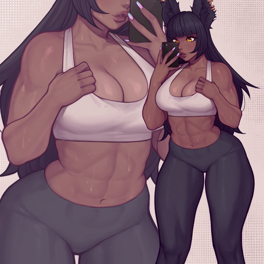 1:1 abs animal_humanoid asura_(artist) big_breasts breasts cleavage clothed clothing dark_body dark_skin female hi_res humanoid lagomorph lagomorph_humanoid leporid_humanoid mammal mammal_humanoid muscular muscular_female phone rabbit_humanoid selfie thick_thighs wide_hips