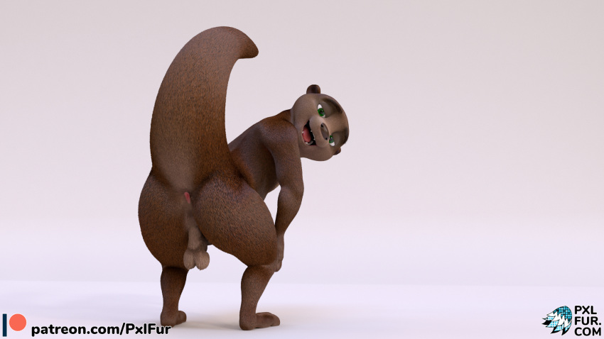 16:9 2020 3d_(artwork) anthro anus balls biped butt digital_media_(artwork) feet fingers genitals green_eyes hi_res lutrine male mammal multicolored_body mustelid nude paws presenting presenting_hindquarters pxlfur simple_background smile solo text url watermark widescreen