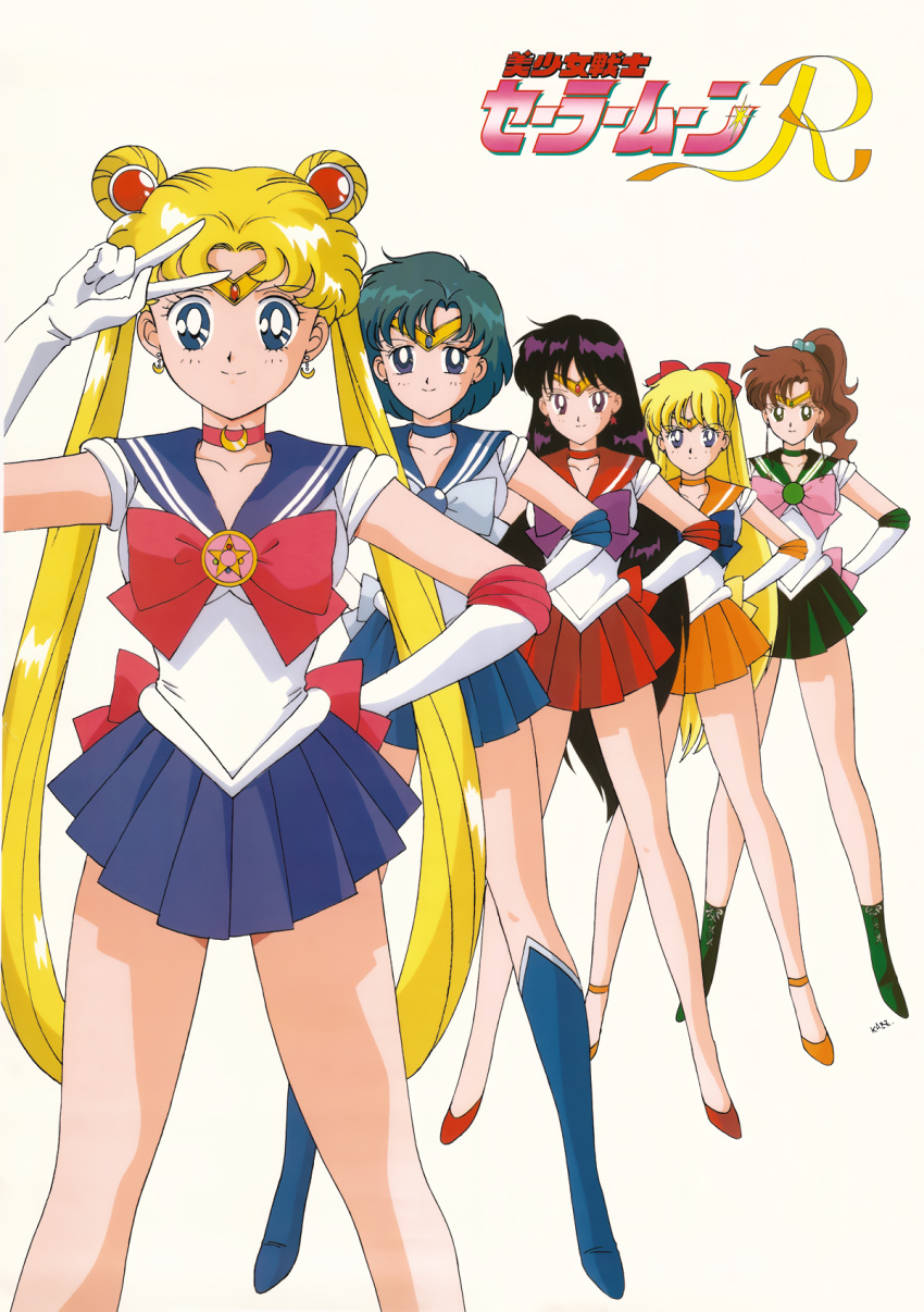 1990s_(style) 5girls aino_minako bangs bishoujo_senshi_sailor_moon black_eyes black_hair blonde_hair blue_eyes blue_footwear blue_hair blue_skirt boots brown_hair choker circlet crescent crescent_earrings cross-laced_footwear double_bun earrings elbow_gloves feet_out_of_frame gloves green_eyes green_footwear green_skirt hair_bobbles hair_ornament hand_on_hip high_ponytail highres hino_rei inner_senshi jewelry kino_makoto knee_boots logo long_hair looking_at_viewer mizuno_ami multiple_girls official_art orange_footwear orange_skirt pleated_skirt red_footwear red_skirt sailor_jupiter sailor_mars sailor_mercury sailor_moon sailor_senshi sailor_senshi_uniform sailor_venus short_hair simple_background skirt smile star_(symbol) star_earrings strappy_heels tsukino_usagi twintails v_over_eye very_long_hair white_background