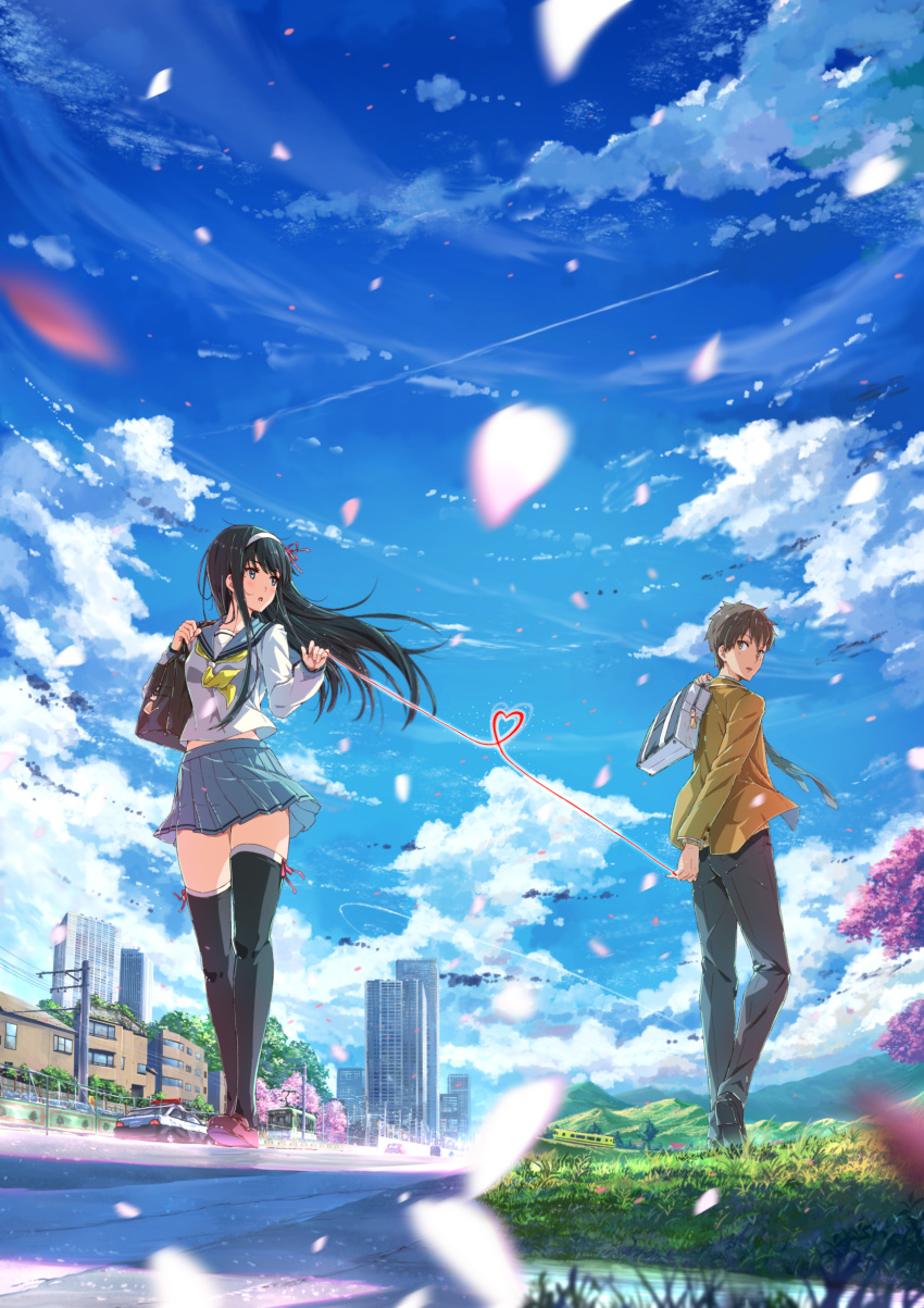 1boy 1girl absurdres bag black_hair blue_eyes brown_eyes brown_hair cherry_blossoms day hairband highres kazeno kimi_no_na_wa. long_hair looking_back necktie original outdoors parody petals pleated_skirt sailor_collar school_uniform serafuku short_hair skirt string string_of_fate thighhighs white_hairband wind