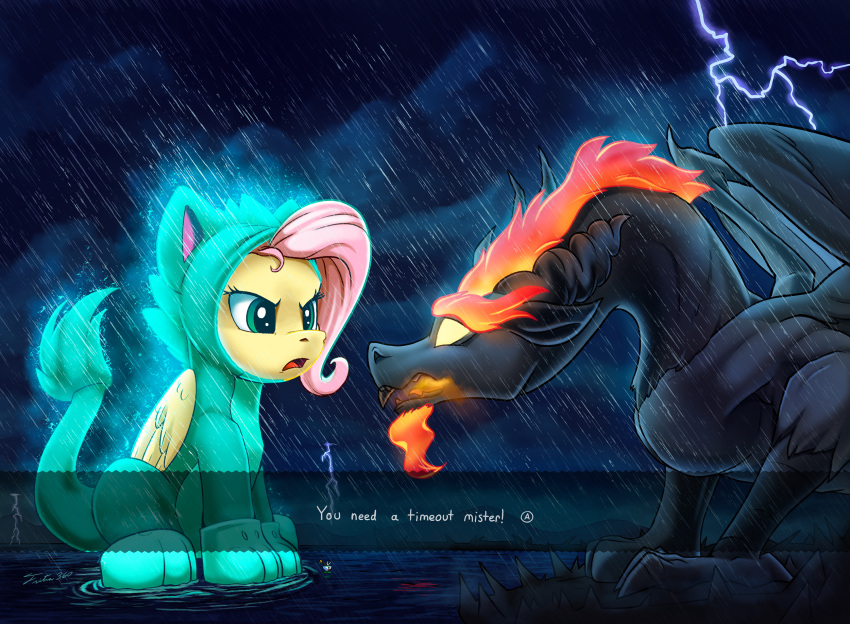 2021 clothed clothing costume english_text equid equine eye_contact eyelashes feral fluttershy_(mlp) friendship_is_magic hasbro hi_res lightning looking_at_another mammal my_little_pony open_mouth outside pegasus raining signature text tsitra360 wings