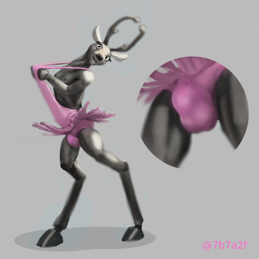 1:1 2021 5_fingers 7b7a2f anthro bulge cervid close-up clothing digital_media_(artwork) digital_painting_(artwork) fingers hi_res hooves looking_at_viewer male mammal pink_clothing signature solo standing