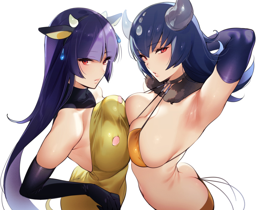 2girls animal_ears ass bikini blue_hair breasts choker cleavage cosplay cowgirl elbow_gloves gloves headband hizuki_akira horns long_hair multiple_tails natsume_(pokemon) pokemon purple_hair red_eyes sideboob swimsuit tail