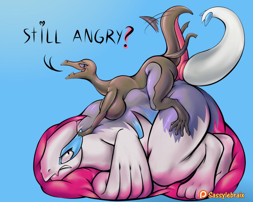 &lt;3 5:4 ambiguous_gender anal anal_vore angry anus belly big_belly big_breasts breasts duo english_text female feral grey_body hand_on_stomach hi_res hyper hyper_belly intersex intersex/female legendary_pok&eacute;mon lugia nintendo pok&eacute;mon pok&eacute;mon_(species) puffy_anus purple_eyes salazzle sassylebraix scalie tailwag text video_games vore white_body wide_hips