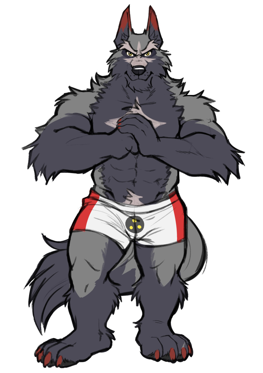2021 absurd_res adios anthro biceps bottomwear canid canine canis clothing fur hi_res male mammal muscular muscular_anthro muscular_male solo wolf