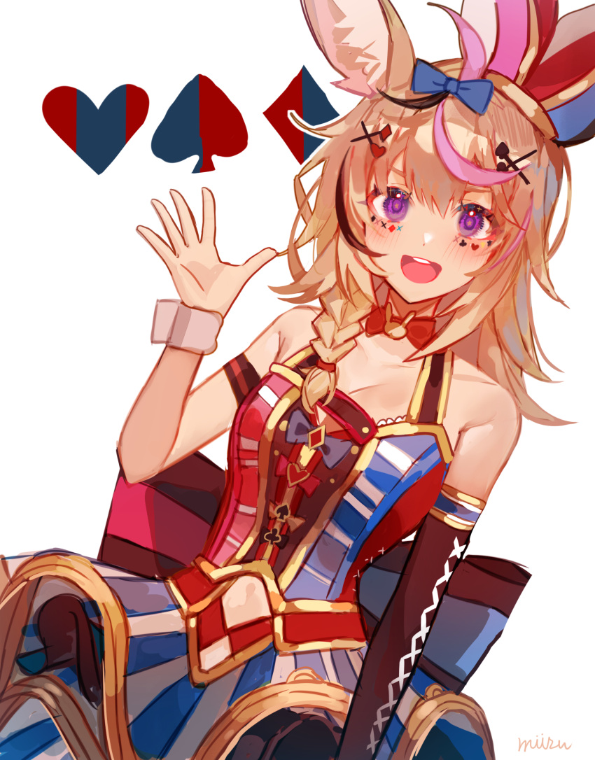 1girl animal_ear_fluff animal_ears bangs blonde_hair blue_bow blush bow breasts cleavage clown club_(shape) elbow_gloves fox_ears gloves hair_bow hair_ornament hairclip hat heart highres hololive huge_bow jester_cap looking_at_viewer medium_breasts misu_(miisuuu) omaru_polka purple_eyes red_bow single_elbow_glove single_glove skirt solo spade_(shape) sticker striped striped_skirt virtual_youtuber waving white_background wrist_cuffs