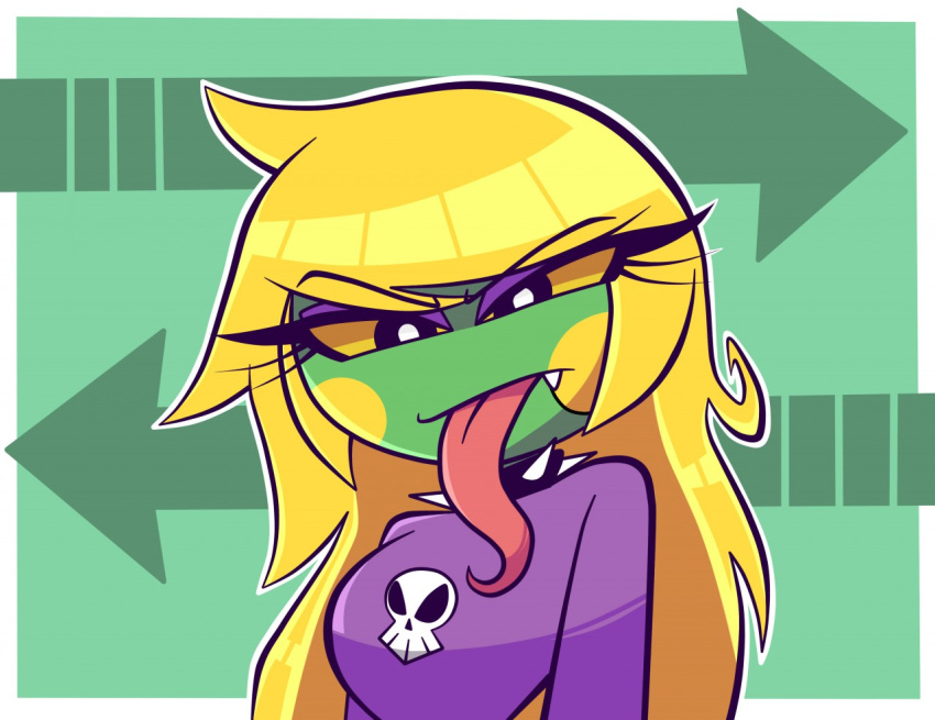 1girl :/ annoyed arms_at_sides arrow_(symbol) blonde_hair blush_stickers breasts bright_pupils collar colored_sclera eyebrows_visible_through_hair eyes_visible_through_hair fang fang_out flipped_hair green_background long_hair long_tongue looking_at_viewer nelljoestar original outline outside_border print_shirt purple_collar purple_eyes purple_eyeshadow purple_shirt shirt skull skull_print solo spiked_collar spikes tongue tongue_out upper_body very_long_hair white_outline white_pupils yellow_background yellow_sclera