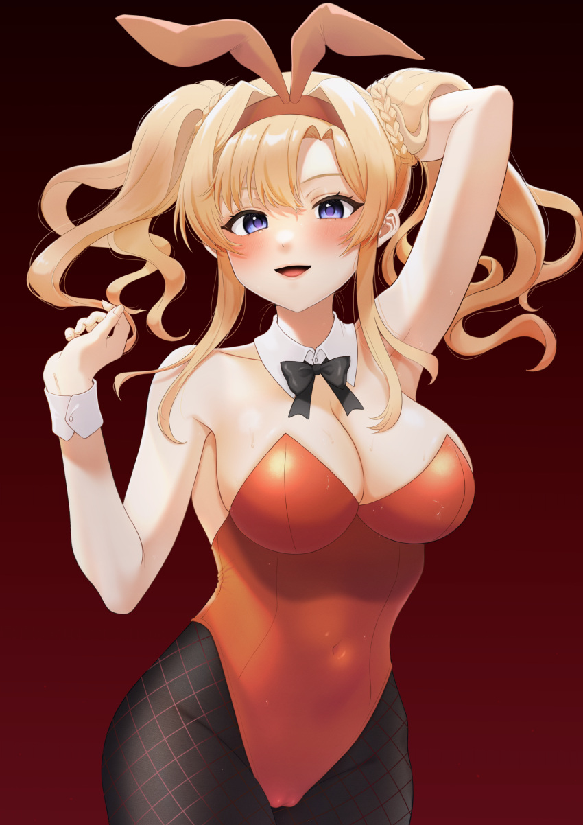 1girl :d absurdres animal_ears arm_up armpits bangs bare_shoulders black_legwear blonde_hair blush breasts bunny_ears cleavage covered_navel cowboy_shot eyebrows_visible_through_hair fake_animal_ears gradient gradient_background granblue_fantasy hairband hand_in_hair hand_up highres large_breasts leotard long_hair looking_at_viewer open_mouth pantyhose playboy_bunny purple_eyes red_background red_hairband red_leotard smile solo strapless strapless_leotard sweat takio_(kani_sama) twintails zetta_(phantom_kingdom)
