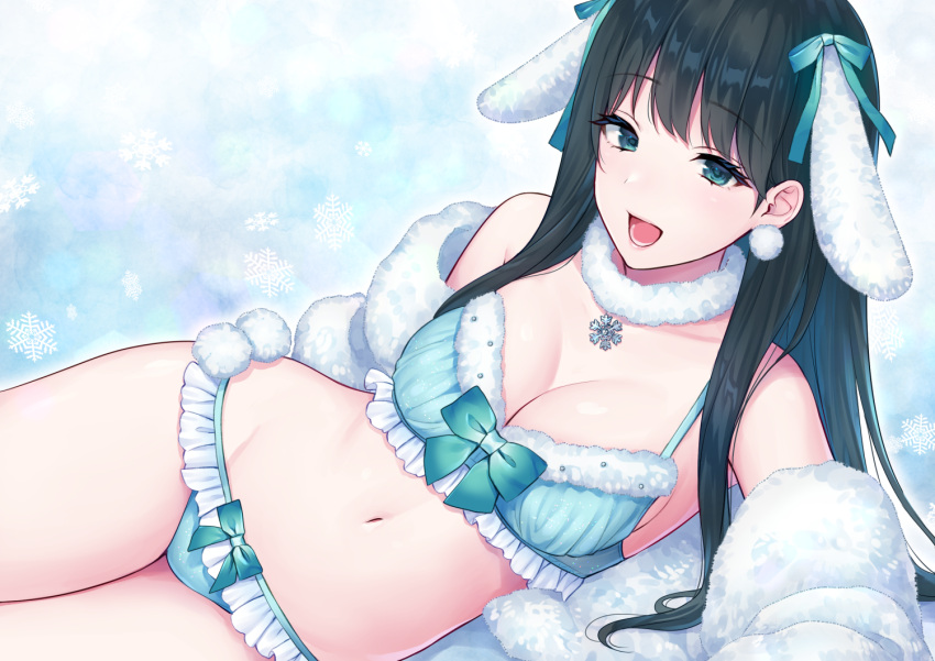 1girl :d animal_ears bangs bikini black_hair blue_bikini blue_bow bow breasts bunny_ears cleavage commentary_request daidai_jamu eyebrows_visible_through_hair frilled_bikini frills fur-trimmed_bikini fur_jacket fur_trim green_eyes groin hair_bow jacket long_hair lying medium_breasts navel off_shoulder on_side open_clothes open_jacket open_mouth original smile snowflakes solo swimsuit white_jacket