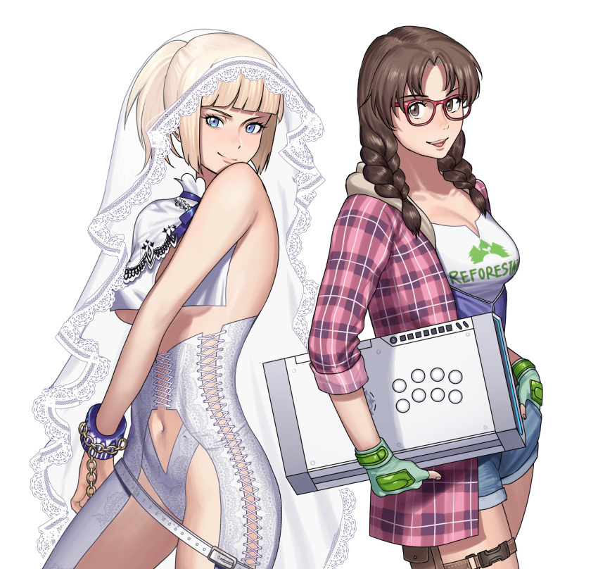 2girls alternate_hairstyle arcade_stick back-to-back bangs belt blonde_hair blue_eyes blunt_bangs braid breast_curtains breasts bridal_veil brown_eyes brown_hair cleavage clothing_cutout commentary commission controller cuffs denim denim_shorts english_commentary fingerless_gloves fingernails game_controller glasses gloves green_gloves hanny_(uirusu_chan) highleg highleg_panties highres hood hood_down joystick julia_chang lili_(tekken) looking_at_viewer loose_belt low_braid medium_breasts medium_hair multiple_girls navel navel_cutout official_alternate_costume panties plaid plaid_shirt red-framed_eyewear revealing_clothes revision shackles shirt short_ponytail shorts sleeves_rolled_up smile tekken tekken_7 thigh_pouch twin_braids underwear upper_teeth veil white_background