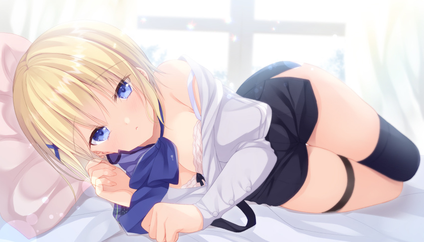 bed blonde_hair bra garter hazumi_rio open_shirt short_hair shorts thighhighs underwear