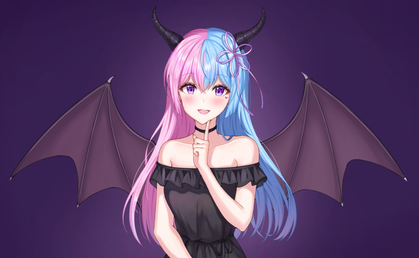 1girl :d absurdres bare_shoulders black_dress blue_hair blush breasts choker collarbone commentary demon_girl demon_horns demon_wings dress finger_to_own_chin frilled_sleeves frills hair_ribbon heart highres horns long_hair looking_at_viewer medium_breasts multicolored_eyebrows multicolored_hair open_mouth original pink_hair pink_ribbon purple_background purple_eyes ribbon sarin_(seoling) short_sleeves smile solo two-tone_hair wings