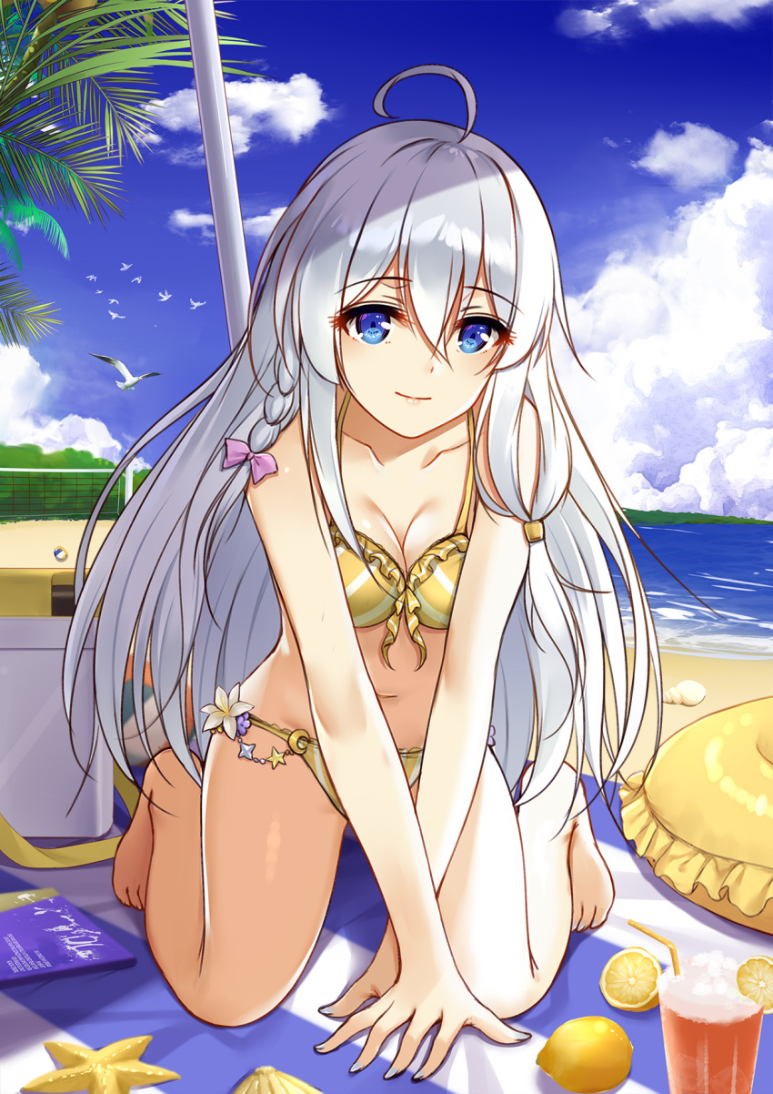 1girl ahoge bangs bare_shoulders beach bikini bird blue_eyes braid breasts cleavage collarbone commentary elaina_(majo_no_tabitabi) eyebrows_visible_through_hair flan_(seeyouflan) food fruit hair_between_eyes highres innertube lemon long_hair looking_at_viewer majo_no_tabitabi medium_breasts navel palm_tree seagull side_braid silver_hair single_braid smile solo starfish striped striped_bikini swimsuit tree very_long_hair water yellow_bikini