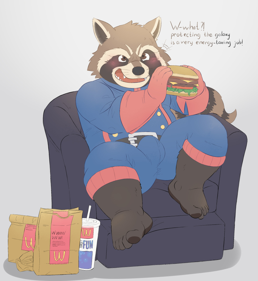 2021 absurd_res anthro aotoaka belly blush bottomwear brown_body brown_fur bulge burger clothed clothing english_text food fur furniture gloves guardians_of_the_galaxy handwear hi_res humanoid_hands kemono male mammal marvel overweight overweight_anthro overweight_male pants procyonid raccoon rocket_raccoon simple_background sitting sofa solo text