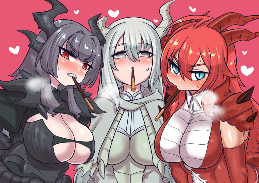 3girls absurdres armor bangs black_hair blush borrowed_character breasts broken_horn cleavage clenched_teeth dragon_girl elbow_gloves eyebrows_visible_through_hair food gloves hair_between_eyes heart highres horns long_hair looking_at_viewer minami_aomori multiple_girls original pauldrons pink_background pocky pocky_day pocky_kiss red_eyes red_gloves red_hair sharp_teeth shoulder_armor silver_eyes silver_hair simple_background teeth