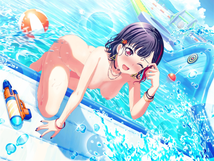 1girl ass ball bang_dream! bangs beachball black_hair breasts completely_nude dutch_angle earrings flower furiousghafo hair_flower hair_ornament hairpin jewelry large_breasts mitake_ran multicolored_hair nail_polish necklace nipples nude one_eye_closed open_mouth pool red_eyes red_hair short_hair skinny_dipping smile solo splashing streaked_hair target third-party_edit triangle_earrings water_gun wet