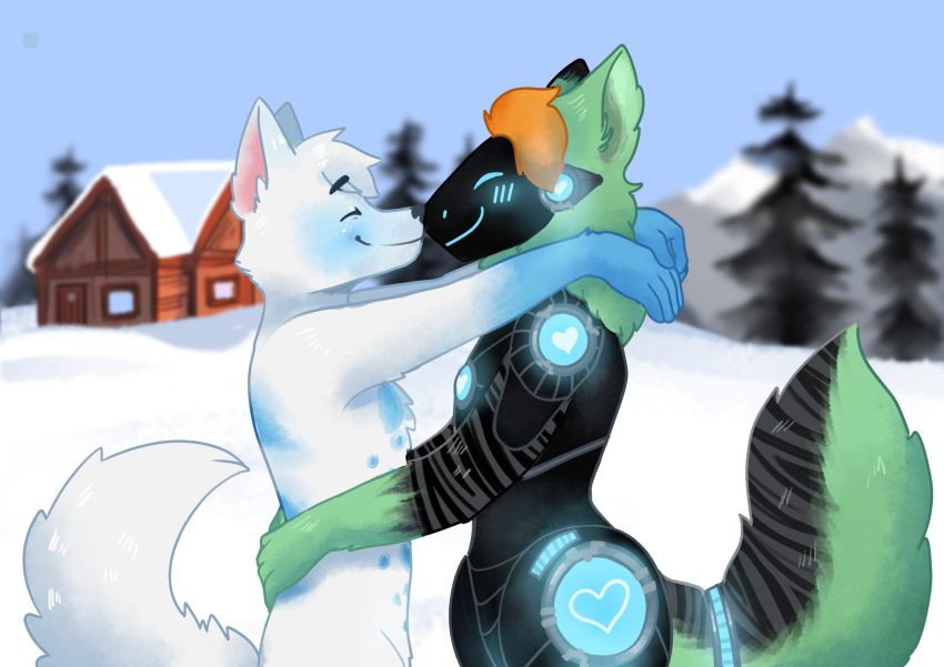 anthro arctic_fox blue_blush blue_body blue_fur cabin canid canine duo fox fur green_body green_fur hair hi_res kissing machine male male/male mammal nuzzling orange_hair outside plant protogen quinn_the_fox saidarks snow spearmint_(protogen) tree