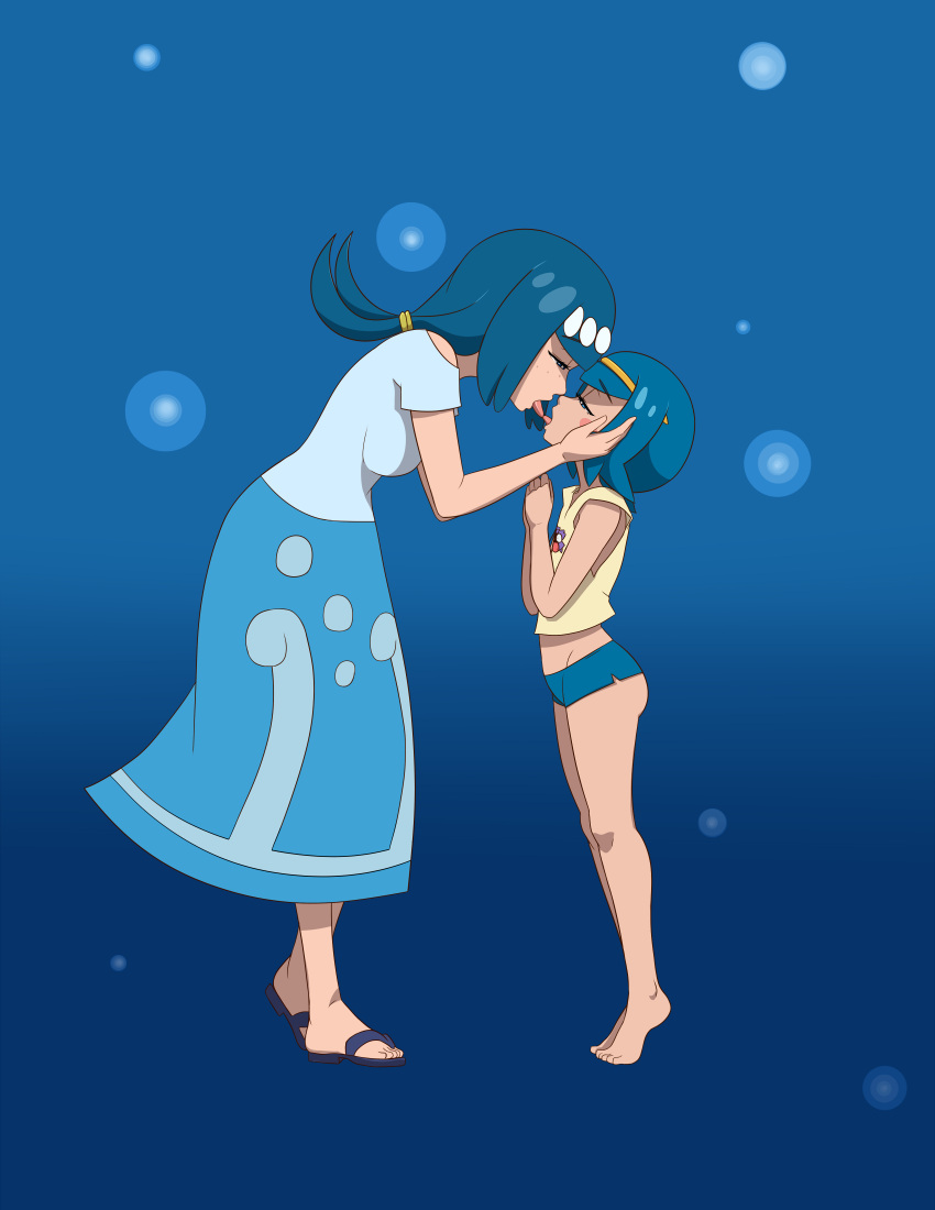 2girls absurdres age_difference blue_eyes blue_hair commission commissioner_upload french_kiss full_body headband height_difference highres incest kiss lana's_mother_(pokemon) m-a-v-e-r-i-c-k mother_and_daughter multiple_girls open_mouth pokemon pokemon_(anime) pokemon_sm_(anime) sarah_(pokemon) tongue tongue_out yuri