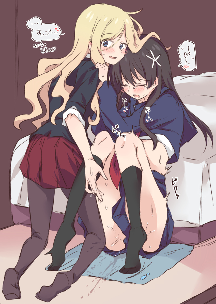 2girls after_fingering black_hair black_legwear blonde_hair blue_eyes blue_skirt blush brown_legwear closed_eyes drooling eyebrows_visible_through_hair frenda_seivelun hair_between_eyes hair_ornament highres kneehighs kneeling long_hair miiii multiple_girls no_shoes open_mouth pantyhose pussy_juice pussy_juice_stain red_skirt sakugawa_school_uniform saten_ruiko school_uniform serafuku shoulder_grab sitting skirt speech_bubble sweat to_aru_kagaku_no_railgun to_aru_majutsu_no_index toe_scrunch translation_request yuri