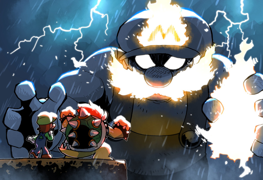 3boys big_nose bowser bracelet brown_hair cliff commentary english_commentary eye_contact facial_hair giant gloves glowing green_headwear highres jewelry lightning long_sleeves looking_at_another luigi mario mario_(series) multiple_boys mustache outdoors overalls rain rariatto_(ganguri) red_hair role_reversal size_difference spiked_armlet spiked_bracelet spiked_shell spiked_tail spikes standing super_mario_3d_world tail white_gloves