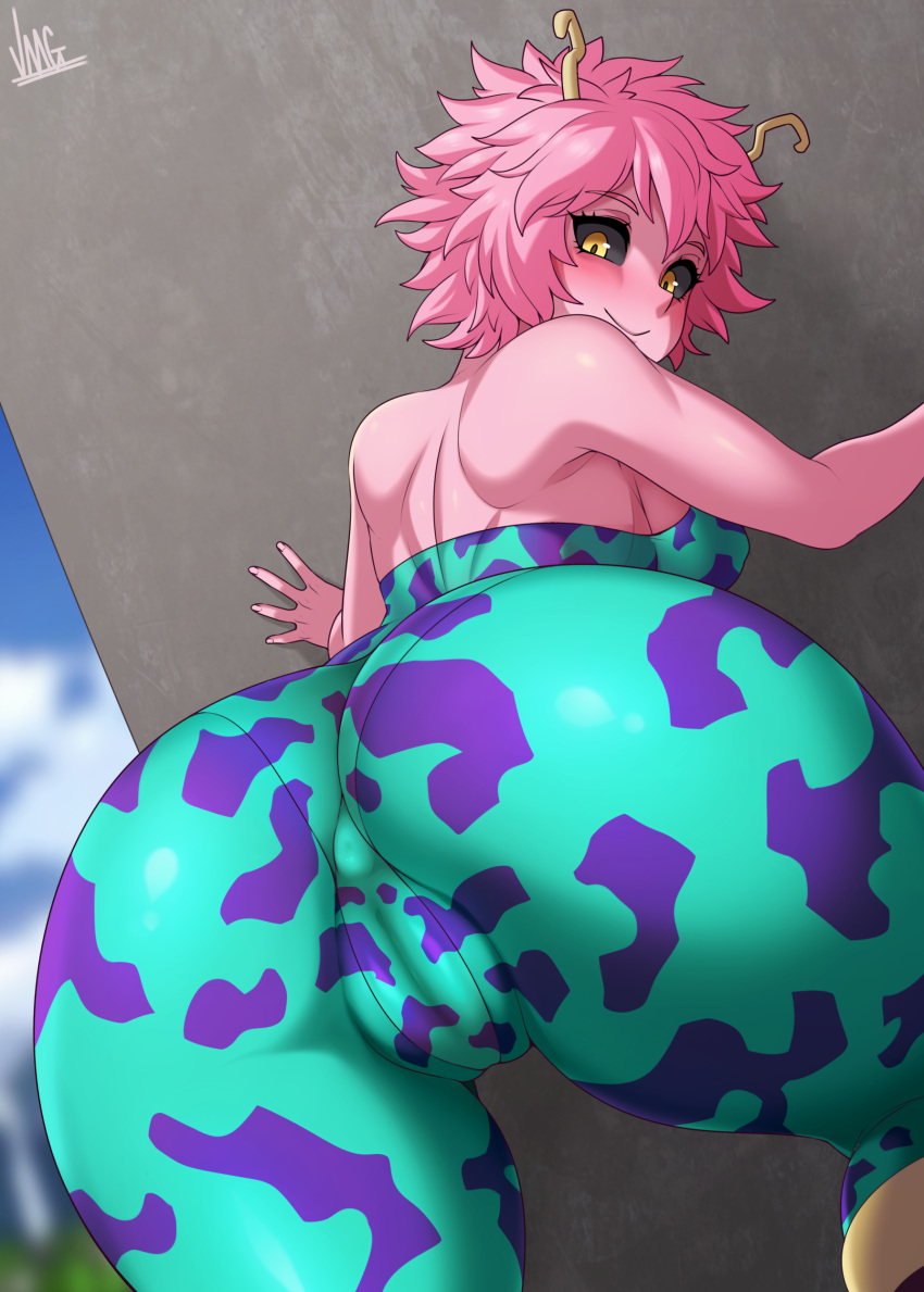 1girl absurdres artist_name ashido_mina ass ass_focus backless_outfit bare_shoulders black_sclera boku_no_hero_academia cameltoe colored_sclera commentary covered_anus curly_hair highres jmg leotard looking_at_viewer pantylines pink_hair pink_skirt short_hair signature skirt smile solo thighs yellow_eyes