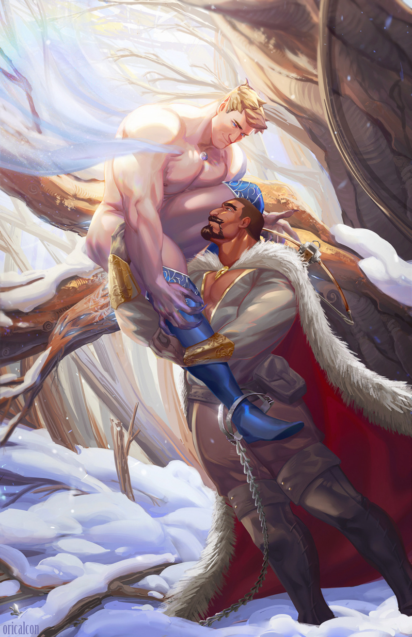 2boys abs angel ass bara bare_pecs beard black_cape blonde_hair blue_eyes boots buzz_cut cape cleavage_cutout cloth clothing_cutout dark_skin dark_skinned_male eye_contact facial_hair fur-trimmed_cape fur_trim highres interracial knee_boots leather leather_boots looking_at_another male_focus multiple_boys muscular muscular_male nipples oricalcon overwatch pectoral_press pectorals reaper_(overwatch) revealing_clothes short_hair smile snow soldier:_76_(overwatch) thick_thighs thighs transparent trapped very_short_hair younger