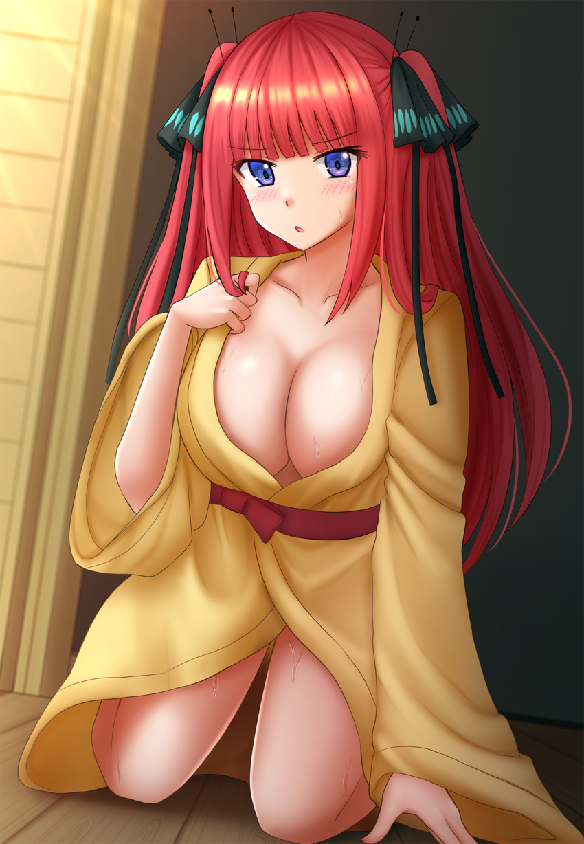 1girl bangs bathrobe black_ribbon blush breasts cleavage collarbone commentary eyebrows_visible_through_hair go-toubun_no_hanayome hair_ribbon hand_up highres indoors kazenokaze kneeling long_hair long_sleeves looking_at_viewer medium_breasts nakano_nino parted_lips purple_eyes red_hair ribbon sleeves_past_wrists solo sweat two_side_up very_long_hair wide_sleeves wooden_floor