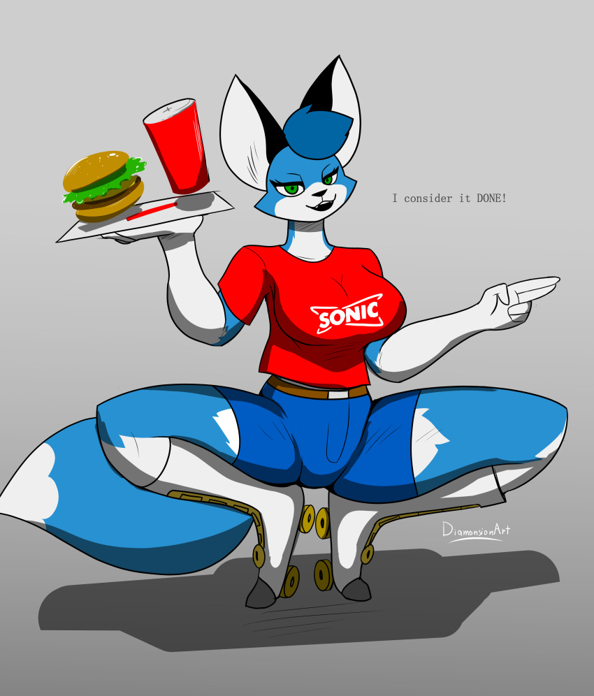 absurd_res anthro beverage bodily_fluids breasts burger canid canine clothed clothing diamonsion digital_media_(artwork) ellie_(diamonsion) english_text female food fox fur hair hi_res looking_at_viewer mammal open_mouth rollerskates simple_background smile solo text thick_thighs
