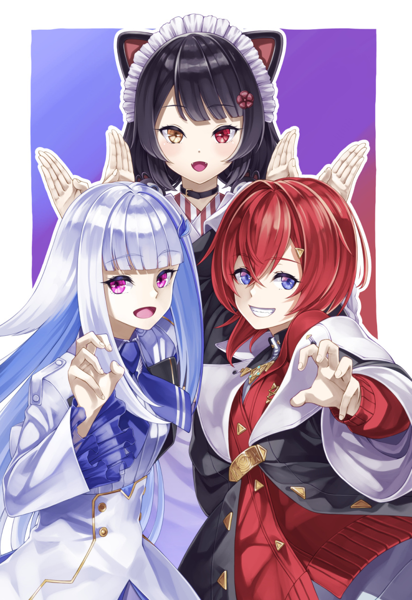 3girls ange_katrina animal_ears bangs black_collar black_hair black_kimono blue_eyes blue_hair blunt_bangs collar crossed_bangs dog_ears eyebrows_visible_through_hair fangs heterochromia highres inui_toko jacket japanese_clothes kazuki_seihou kimono lize_helesta long_hair looking_at_viewer maid_headdress multiple_girls nijisanji open_mouth purple_eyes red_hair short_hair silver_hair smile virtual_youtuber