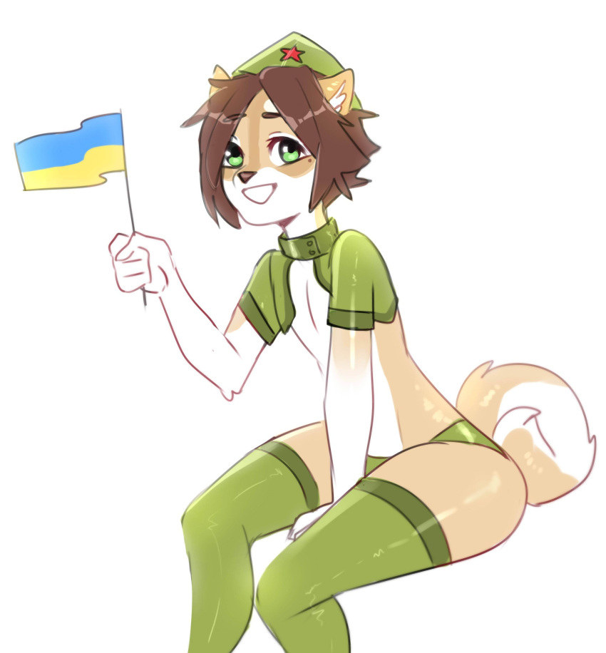 2018 5_fingers anthro biped brown_hair canid canine canis clothed clothing crossdressing curled_tail digital_media_(artwork) domestic_dog fingers flaffy_(viskasunya) flag fur girly green_eyes hair hat headgear headwear hi_res legwear looking_at_viewer male mammal military military_cap shiba_inu simple_background sitting smile solo spitz stockings tan_body tan_fur teeth thigh_highs ukraine ukrainian_flag uniform viskasunya white_background white_body white_fur