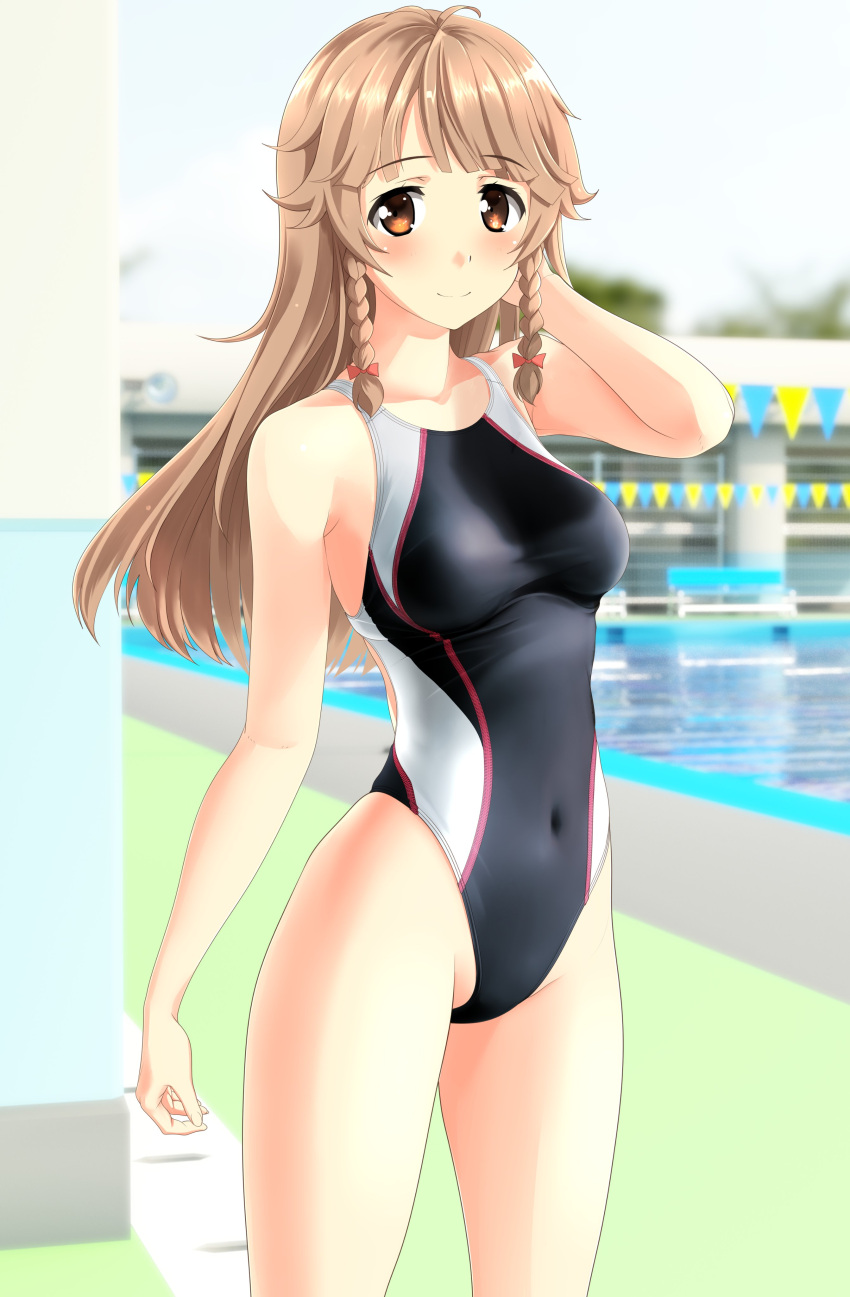 1girl absurdres black_swimsuit blue_sky blurry braid breasts brown_eyes brown_hair cloud commentary_request covered_navel cowboy_shot day depth_of_field high_school_fleet highleg highleg_swimsuit highres long_hair medium_breasts nosa_kouko outdoors pool sky solo standing string_of_flags swimsuit takafumi twin_braids