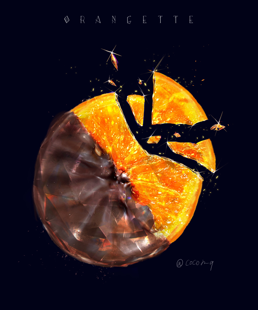 absurdres artist_name black_background chocolate cocon_(cocon_q) commentary_request english_text food food_focus fruit glint highres no_humans orange orange_slice orangette original shattering shiny signature simple_background still_life twitter_username
