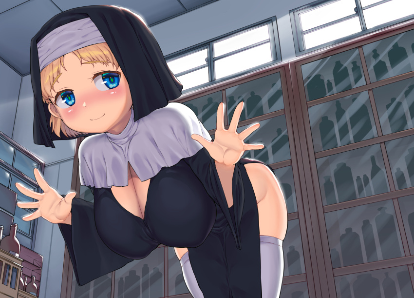 1girl against_fourth_wall bangs bare_hips bent_over black_dress blonde_hair blue_eyes blush breasts capelet cleavage dress eyebrows_visible_through_hair glass habit indoors large_breasts looking_back nose_blush nun original parted_bangs pelvic_curtain sakimori_dan short_hair side_slit smile solo thighhighs white_capelet white_legwear window