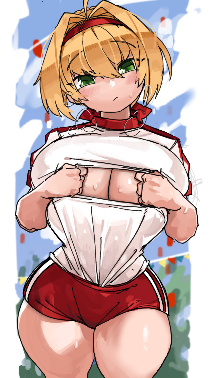 1girl absurdres ahoge blonde_hair blush breast_squeeze breasts buruma clothing_cutout day eyebrows_visible_through_hair fate/extra fate/grand_order fate_(series) green_eyes gym_uniform hair_between_eyes hair_intakes head_tilt heavy_breathing highres huge_breasts kupaa looking_at_viewer nero_claudius_(fate) nero_claudius_(fate)_(all) outdoors paizuri_invitation red_buruma short_hair solo sports_festival standing sweat thick_thighs thighs underboob_cutout zanamaoria