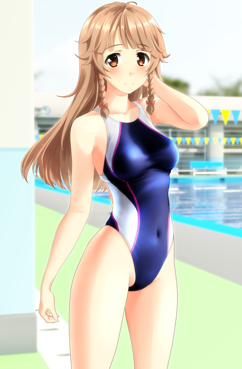 1girl absurdres black_swimsuit blue_sky blurry braid breasts brown_eyes brown_hair cloud commentary_request competition_swimsuit covered_navel cowboy_shot day depth_of_field high_school_fleet highleg highleg_swimsuit highres long_hair medium_breasts nosa_kouko one-piece_swimsuit outdoors pool sky solo standing string_of_flags swimsuit takafumi twin_braids