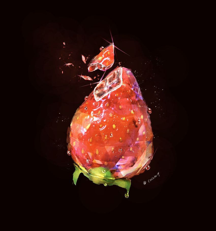 artist_name black_background cocon_(cocon_q) commentary_request food food_focus fruit highres light_particles no_humans original red_theme shattering shiny signature simple_background still_life strawberry twitter_username water_drop