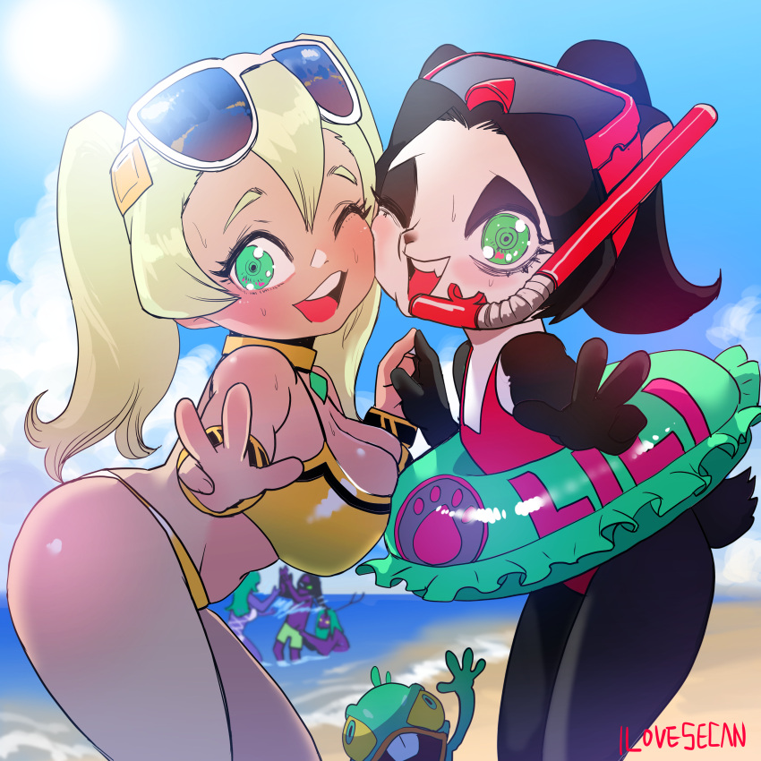 1:1 absurd_res anthro beach big_breasts bikini black_hair blizzard_entertainment blonde_hair blush breasts cheek_to_cheek choker chromie clothing collar detailed_background duo duo_focus eas elf eyewear female flat_chested fur gesture gnome goggles green_eyes group hair hi_res humanoid illidan_stormrage inflatable inner_tube jewelry li_li_stormstout looking_at_viewer male malfurion_stormrage mammal murky_(hots) murloc necklace night_elf one-piece_swimsuit one_eye_closed open_mouth open_smile outside pandaren ponytail pool_toy seaside smile snorkel swimwear teeth twintails_(hairstyle) tyrande_whisperwind unknown_artist ursid v_sign video_games warcraft water waving waving_at_viewer young