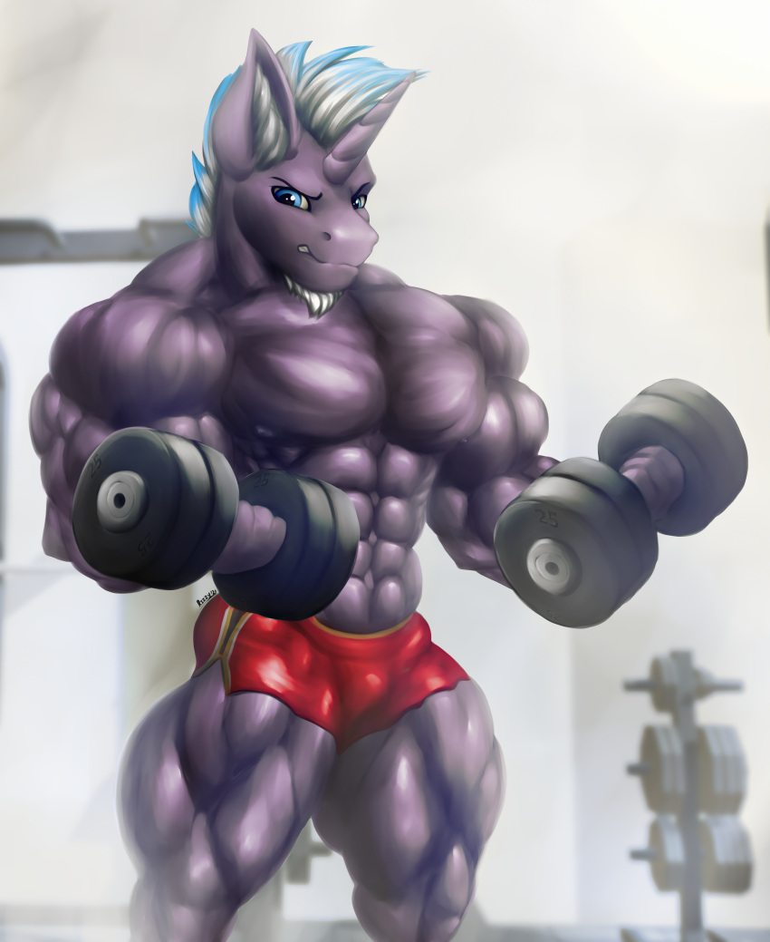 abs absurd_res anthro beard biceps bottomwear clothed clothing dumbbell equid equine exercise facial_hair fan_character gym gym_bottomwear gym_clothing gym_shorts hasbro hi_res horn horse male mammal muscular muscular_anthro muscular_legs muscular_male muscular_thighs my_little_pony pony rizzyofen shorts solo topless topless_male unicorn weightlifting weights workout