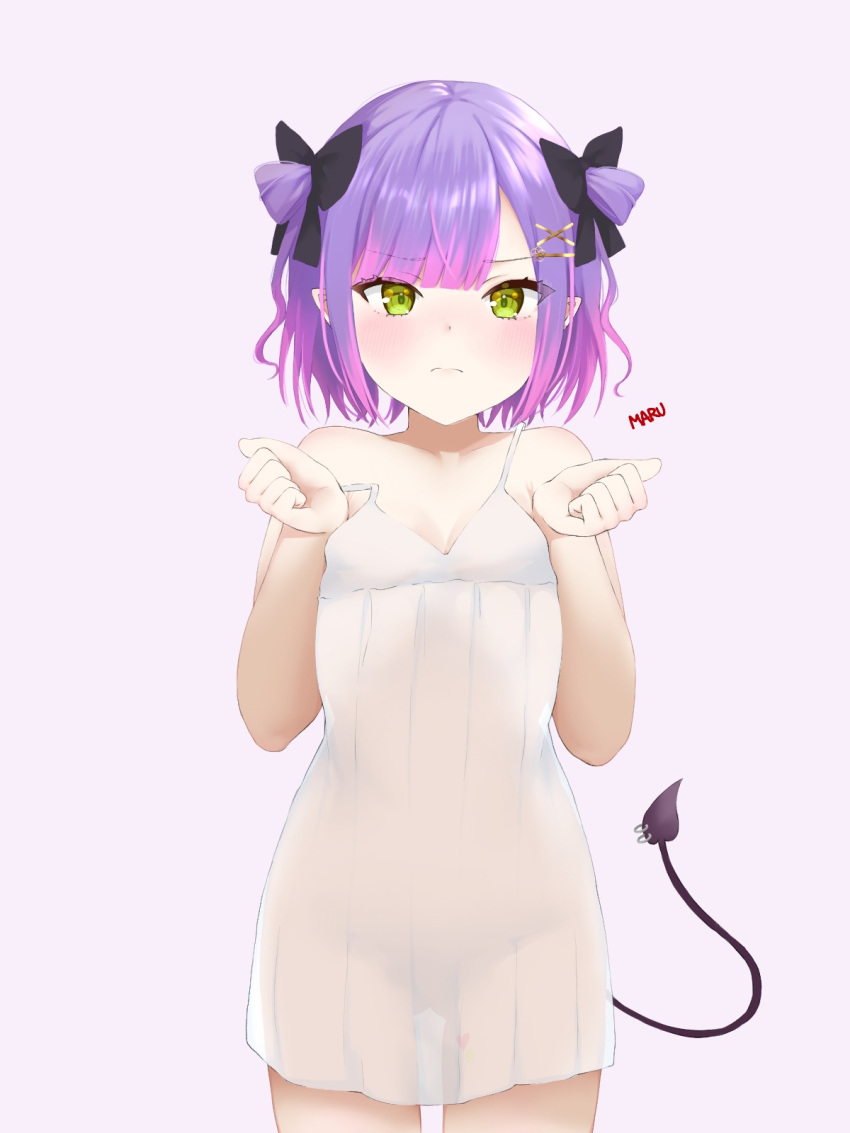 1girl ass_visible_through_thighs bangs black_bow black_panties blush bow breasts cleavage closed_mouth demon_tail dress eyebrows_visible_through_hair green_eyes hair_bow hair_ornament hairclip heart heart_tattoo highres hololive looking_at_viewer marumaru2820 panties piercing pointy_ears purple_hair see-through short_hair simple_background sleeveless sleeveless_dress small_breasts standing strap_slip strapless tail tail_ornament tail_piercing tattoo thigh_tattoo tokoyami_towa underwear virtual_youtuber white_dress x_hair_ornament