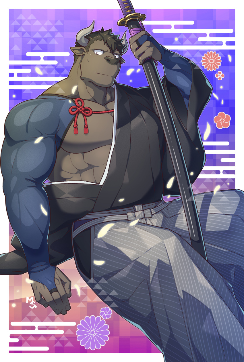 1boy 2021 abs animal_ears asymmetrical_sleeves bara bare_pecs black_hair black_kimono brown_fur chinese_zodiac cow_ears cow_horns feet_out_of_frame furry hakama_pants happy_new_year head_tilt highres holding holding_sword holding_weapon horns igote japanese_clothes katana kimono light_smile looking_at_viewer male_focus midriff_peek minotaur muscular muscular_male musou_luf new_year nipples open_clothes open_kimono original pectorals sheath sheathed short_hair short_kimono sitting solo sword undressing weapon year_of_the_ox