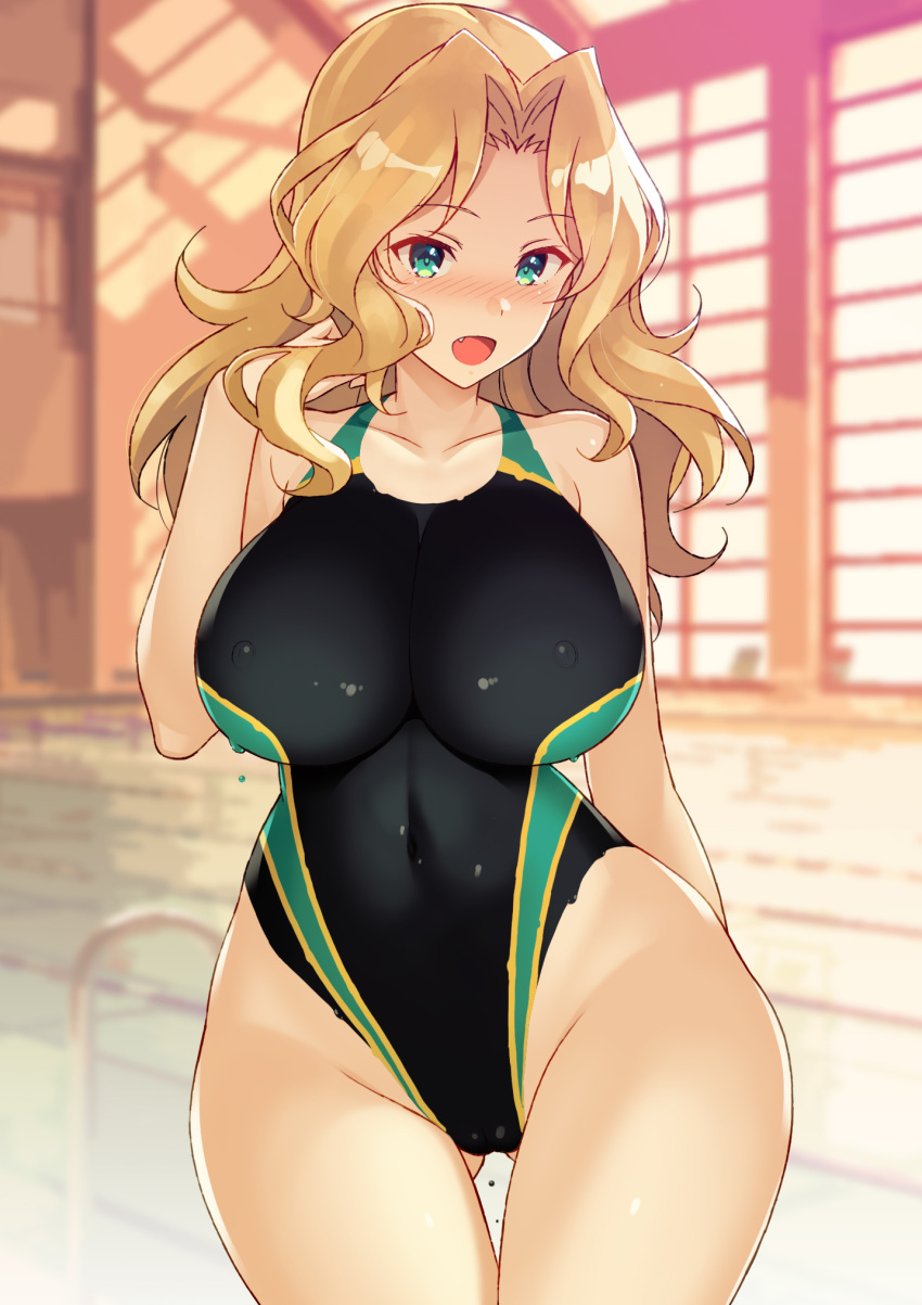 1girl :d ass_visible_through_thighs blonde_hair blush bodypaint breasts commentary_request cowboy_shot exhibitionism eyebrows_visible_through_hair fang girls_und_panzer green_eyes hair_intakes highres indoors kay_(girls_und_panzer) large_breasts looking_at_viewer medium_hair nakamura_yukitoshi naked_paint navel nipples open_mouth painted_clothes pool smile solo standing thighs water wavy_hair wide_hips window