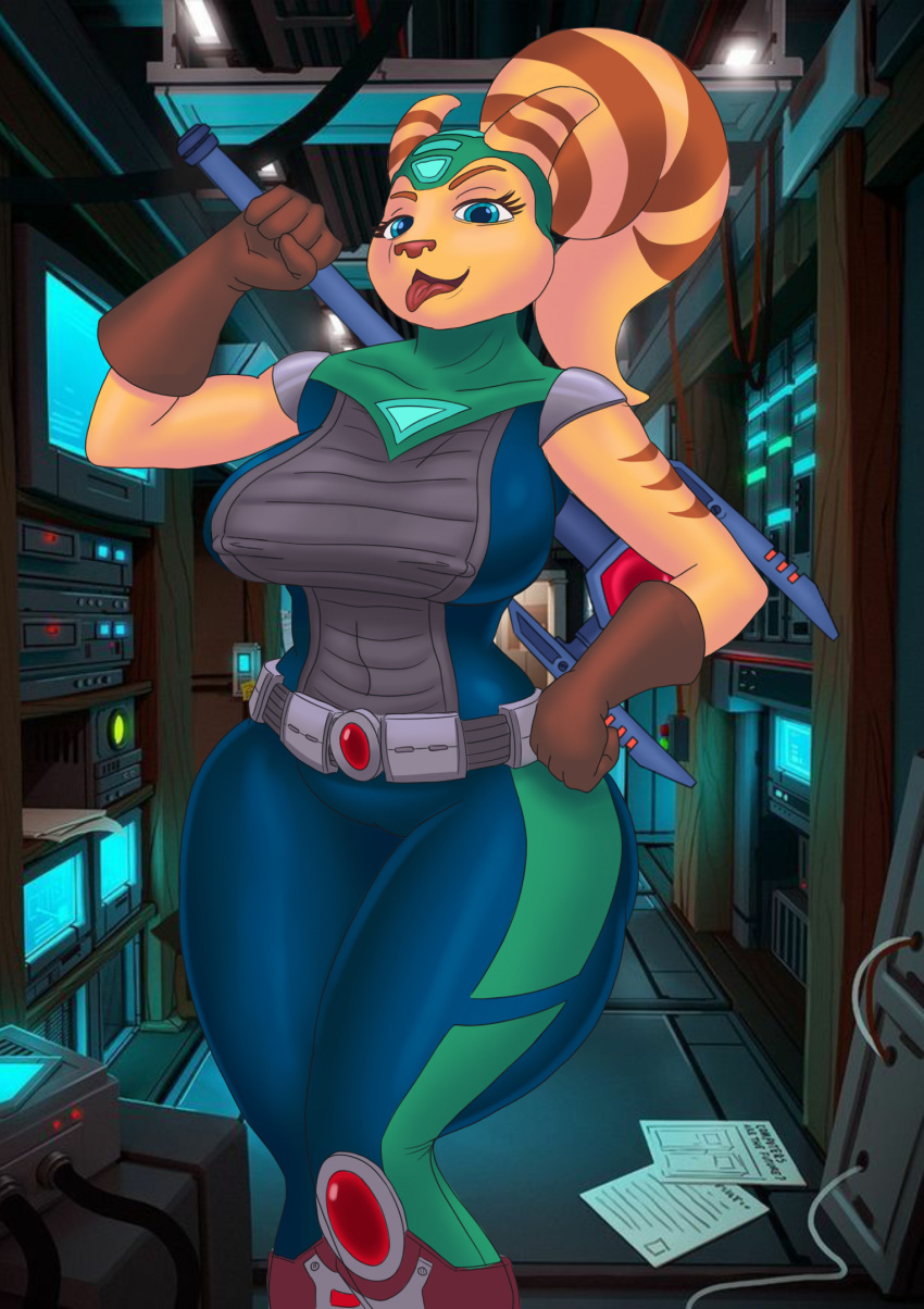 angela_cross anthro armor belt big_breasts big_ears blarf blue_clothing blue_eyes blue_legwear blue_tights breasts brown_stripes cables clothing computer erect_nipples female fur gloves green_hood green_stripes hair hand_on_hip handwear hi_res humanoid knee_pads leggings legwear lombax mammal mputer_screen nipple_outline nipples playstation ponytail raised_arm ratchet_and_clank science_fiction solo sony_corporation sony_interactive_entertainment stripes tagme thick_thighs tights tongue tongue_out tools utility_belt video_games wide_hips wire wrench yellow_body yellow_fur