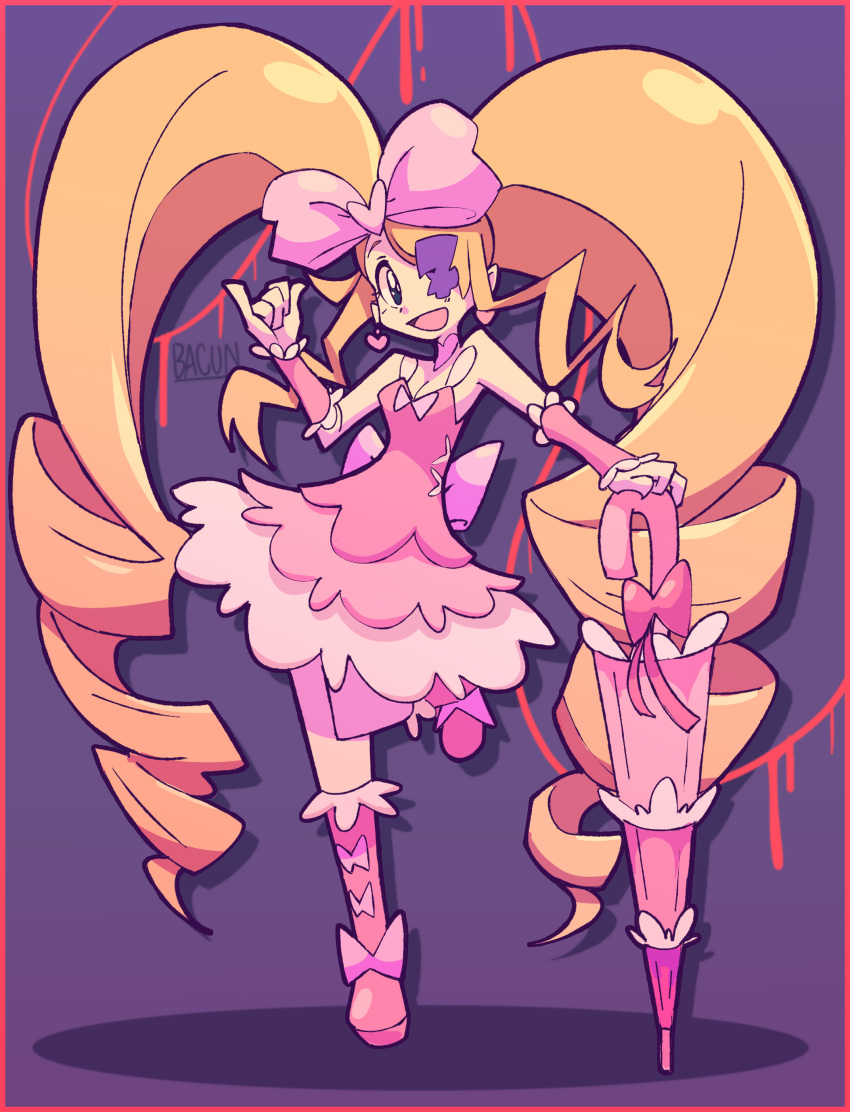 1girl :d absurdres bacun big_hair blonde_hair blue_eyes boots border bow breasts cleavage dress drill_hair earrings eyepatch hair_bow harime_nui heart heart_earrings highres jewelry kill_la_kill long_hair open_mouth pink_bow pink_footwear purple_background red_border smile solo standing standing_on_one_leg strapless strapless_dress twin_drills umbrella very_long_hair