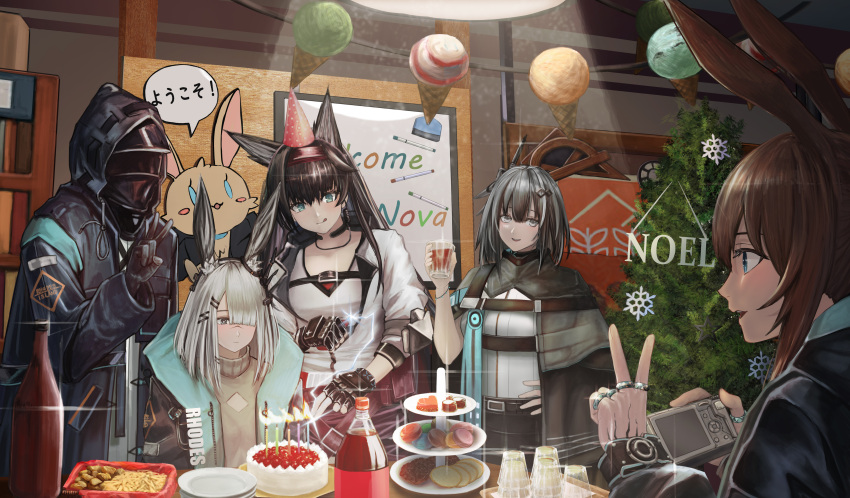 1other 4girls absurdres amiya_(arknights) animal_ears arknights bangs black_gloves black_hair black_jacket blaze_(arknights) blue_eyes blush bottle breasts brown_hair bunny_ears cake camera candle cat_ears commentary_request cup doctor_(arknights) fingerless_gloves food frostnova_(arknights) gloves grey_eyes grey_hair greythroat_(arknights) hair_between_eyes hair_ornament hairband hairclip highres holding holding_camera holding_cup hood hooded_jacket indoors jacket jewelry long_hair long_sleeves meganeno_dokitsui multiple_girls open_clothes open_jacket parted_lips party plate red_hairband ring scar scar_on_face shelf shirt short_hair sidelocks silver_hair smile translation_request tree upper_body v white_jacket